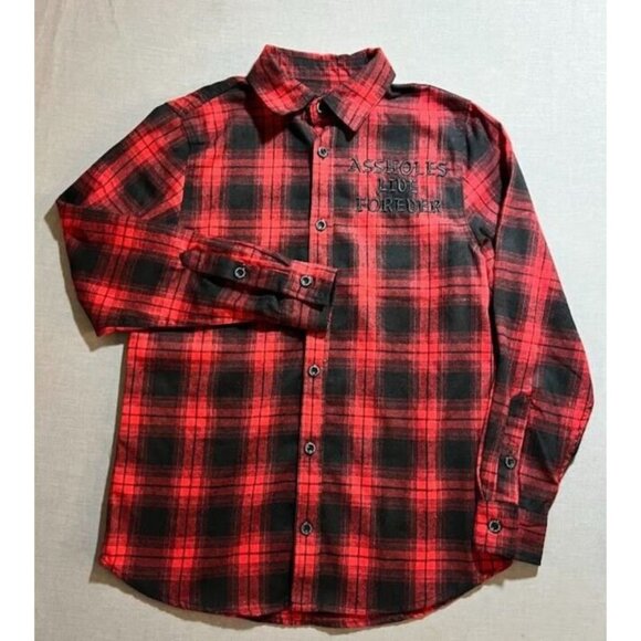 A$$holes Live Forever Flannel Shirt Adult S Red Plaid Button Up Long Sleeve Mens - Picture 1 of 9
